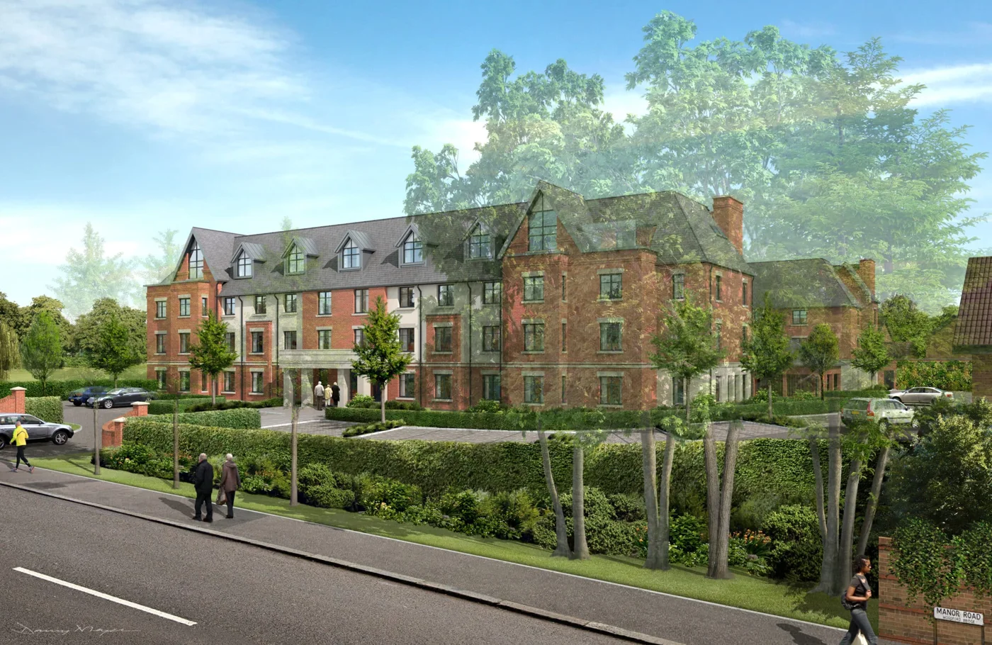 Computer-generated image of a four-storey red-brick care home with gabled dormer roofs, set back from Manor Road behind hedges and trees, with a car park and a Manor Road street sign in the foreground